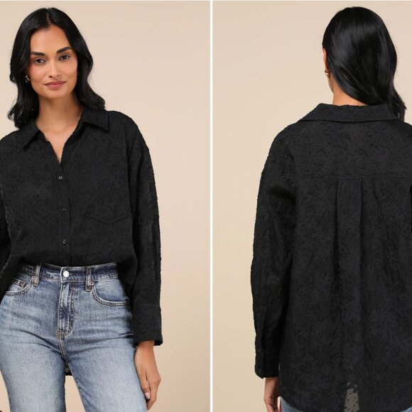 Lulus Composed Concept Black Burnout Clip Dot Oversized Button-up Top - Size XL - Picture 3 of 3